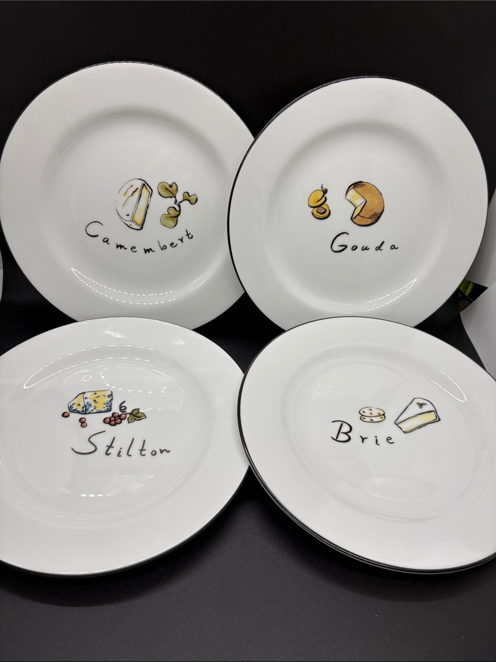 Pottery Barn White Ceramic Cheese Plates Yellow Illustration Accents. CHEESE
